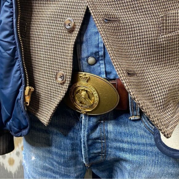 Ralph Lauren Made in England Vintage Brass Horse Head Crown Buckle Leather Belt - Picture 1 of 16